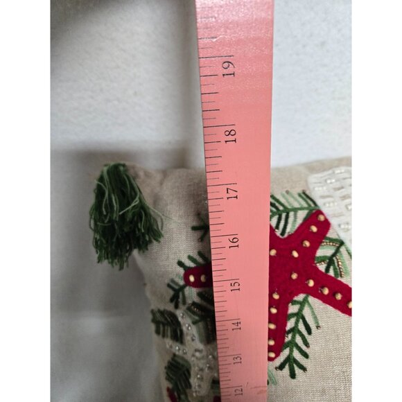 Coastal-Themed Embroidered Linen Throw Pillow with Tassels & Shell Design - Picture 9 of 10